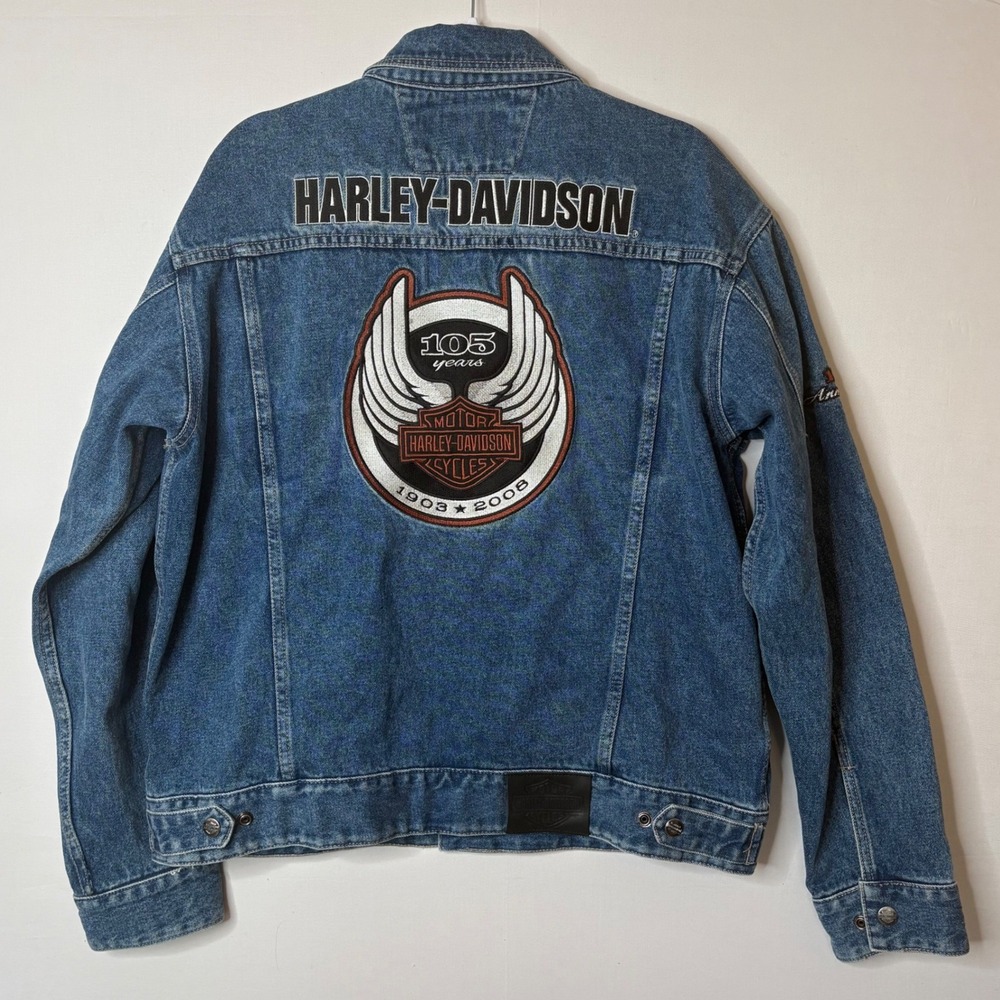 Vtg Harley Davidson 105th Anniversary Denim‎ Jacket L Embroidered Biker Moto